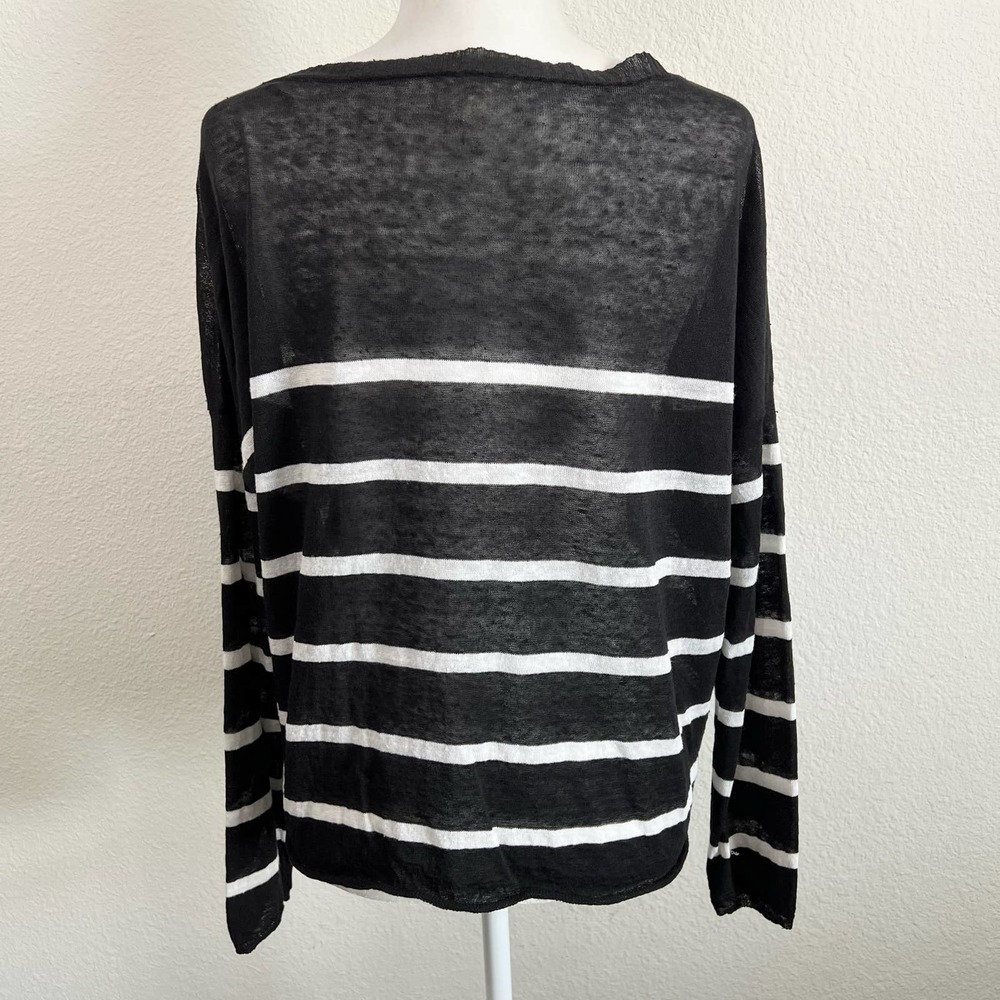 Eileen Fisher Black White Stripe Open Knit Linen Blend Relaxed Slouchy Sweater L - Picture 3 of 6